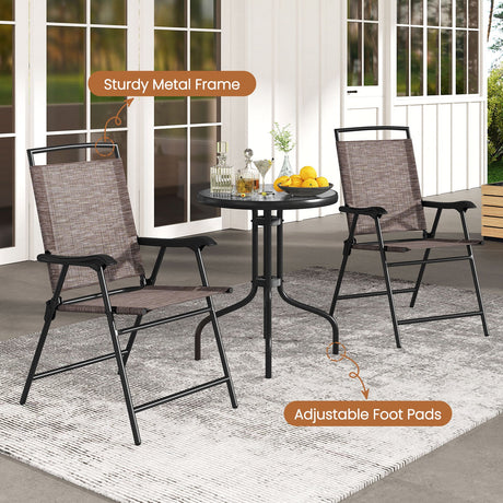 Juego de 3 piezas de mesa redonda para patio y sillas plegables con superficie de cristal templado ondulado