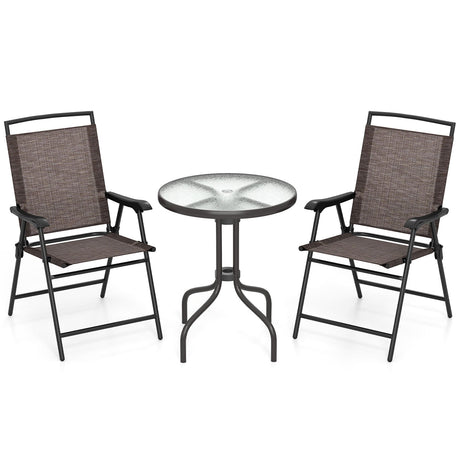 Juego de 3 piezas de mesa redonda para patio y sillas plegables con superficie de cristal templado ondulado