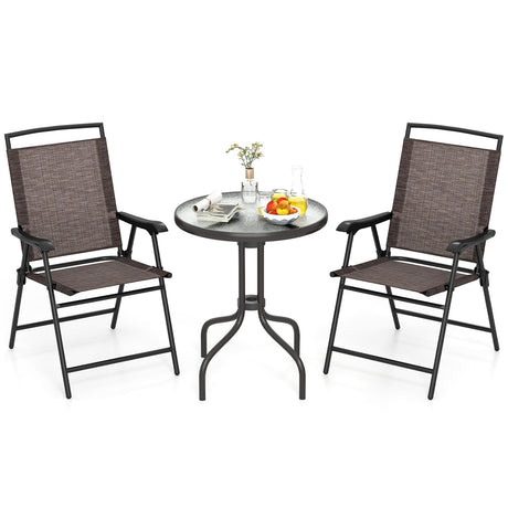 Juego de 3 piezas de mesa redonda para patio y sillas plegables con superficie de cristal templado ondulado