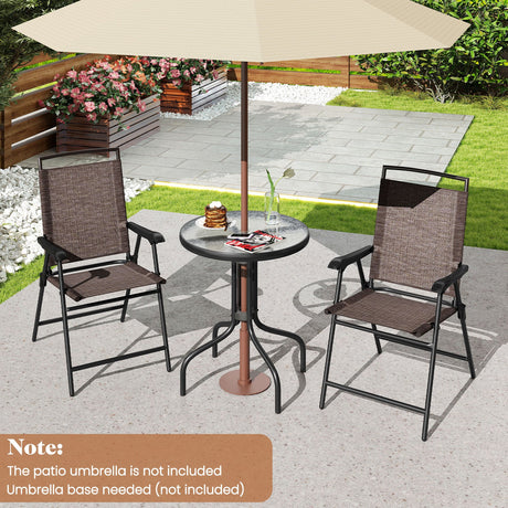Juego de 3 piezas de mesa redonda para patio y sillas plegables con superficie de cristal templado ondulado