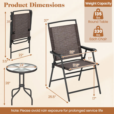 Juego de 3 piezas de mesa redonda para patio y sillas plegables con superficie de cristal templado ondulado