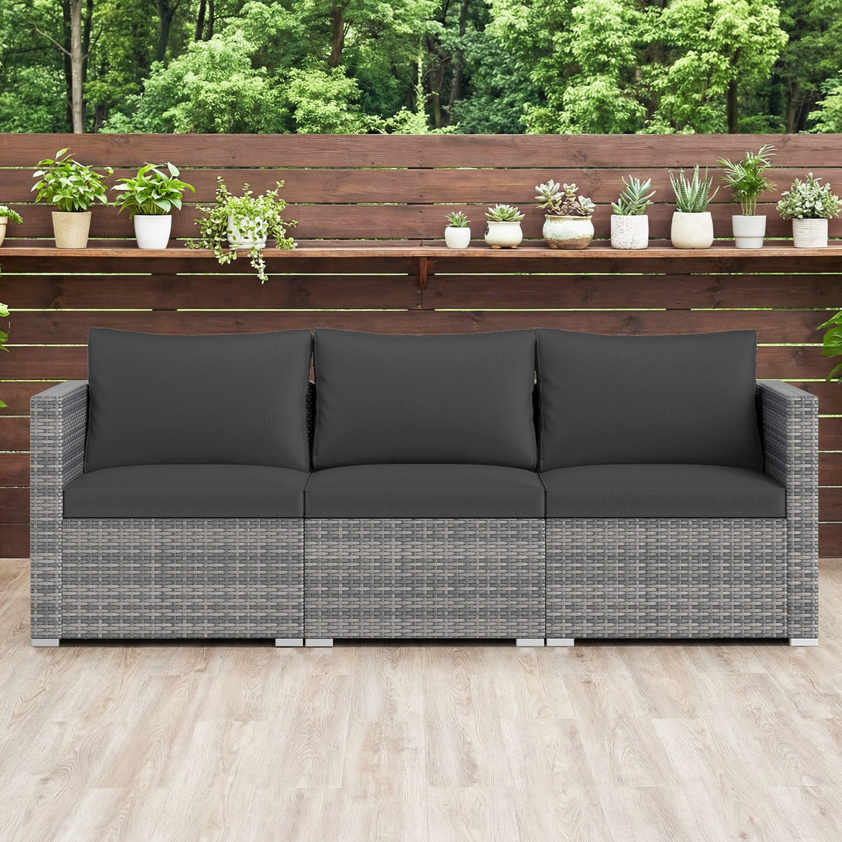 Juego de sofá seccional de patio de 3 piezas, de ratán PE, juego de muebles modulares con cojines suaves