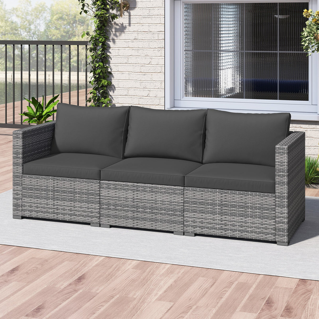 Juego de sofá seccional de patio de 3 piezas, de ratán PE, juego de muebles modulares con cojines suaves