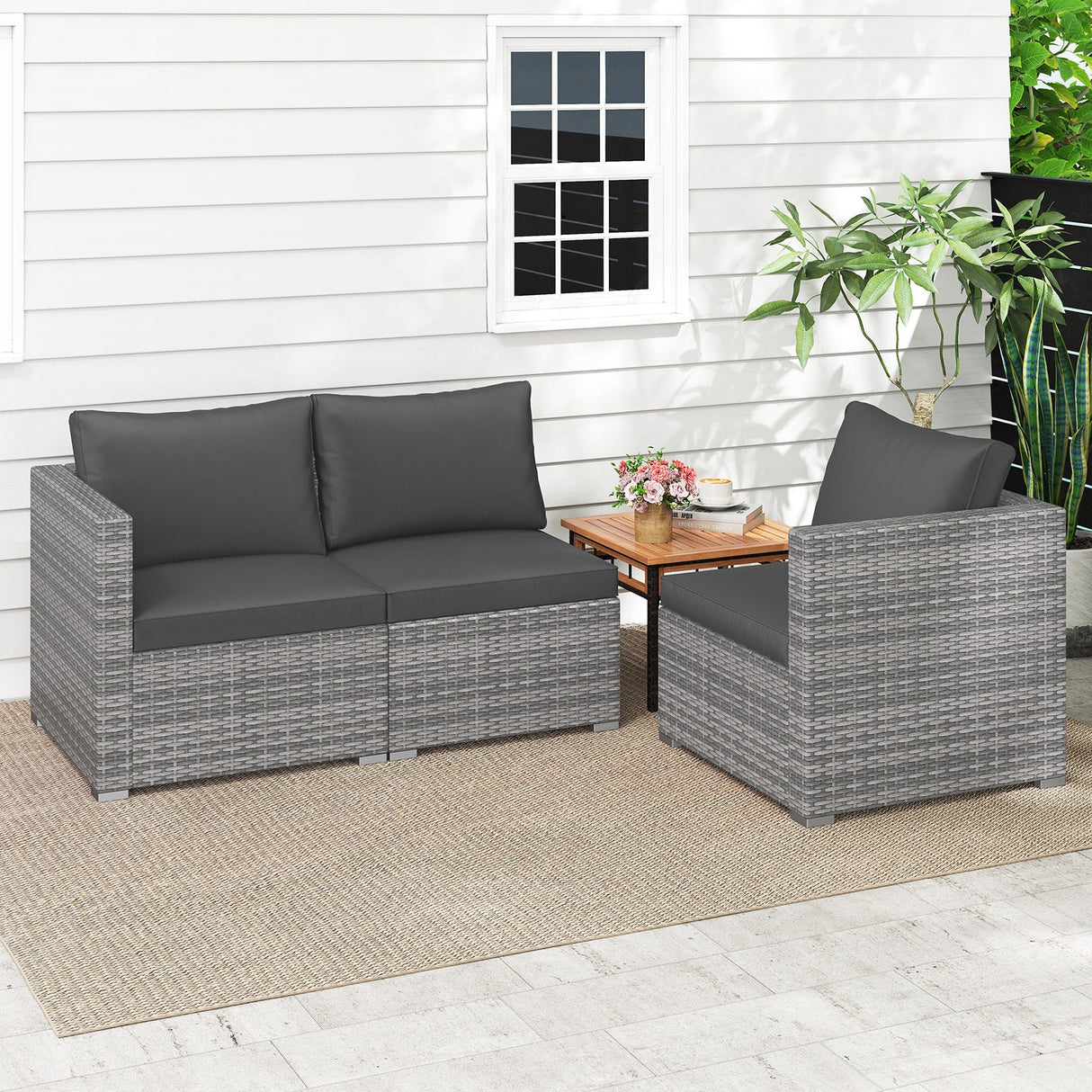 Juego de sofá seccional de patio de 3 piezas, de ratán PE, juego de muebles modulares con cojines suaves