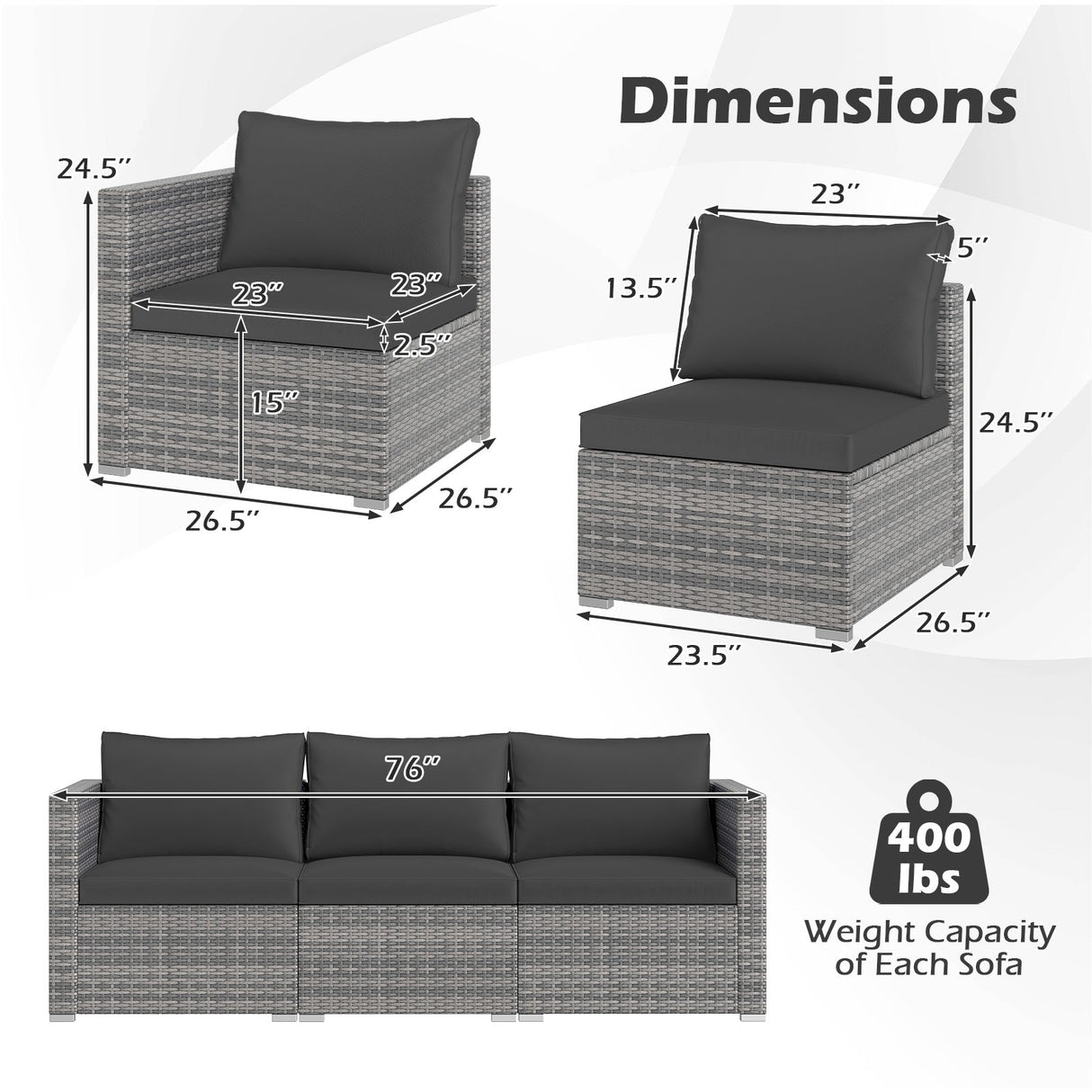 Juego de sofá seccional de patio de 3 piezas, de ratán PE, juego de muebles modulares con cojines suaves
