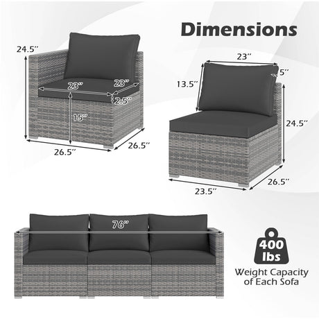 Juego de sofá seccional de patio de 3 piezas, de ratán PE, juego de muebles modulares con cojines suaves