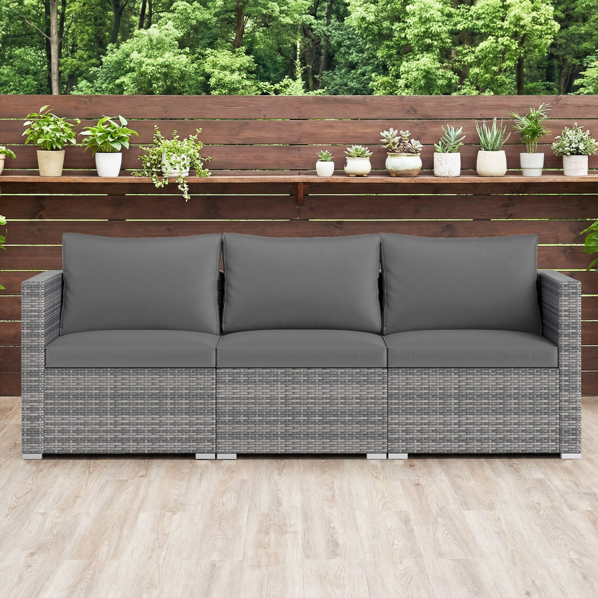 Juego de sofá seccional de patio de 3 piezas, de ratán PE, juego de muebles modulares con cojines suaves