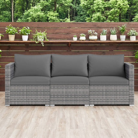 Juego de sofá seccional de patio de 3 piezas, de ratán PE, juego de muebles modulares con cojines suaves