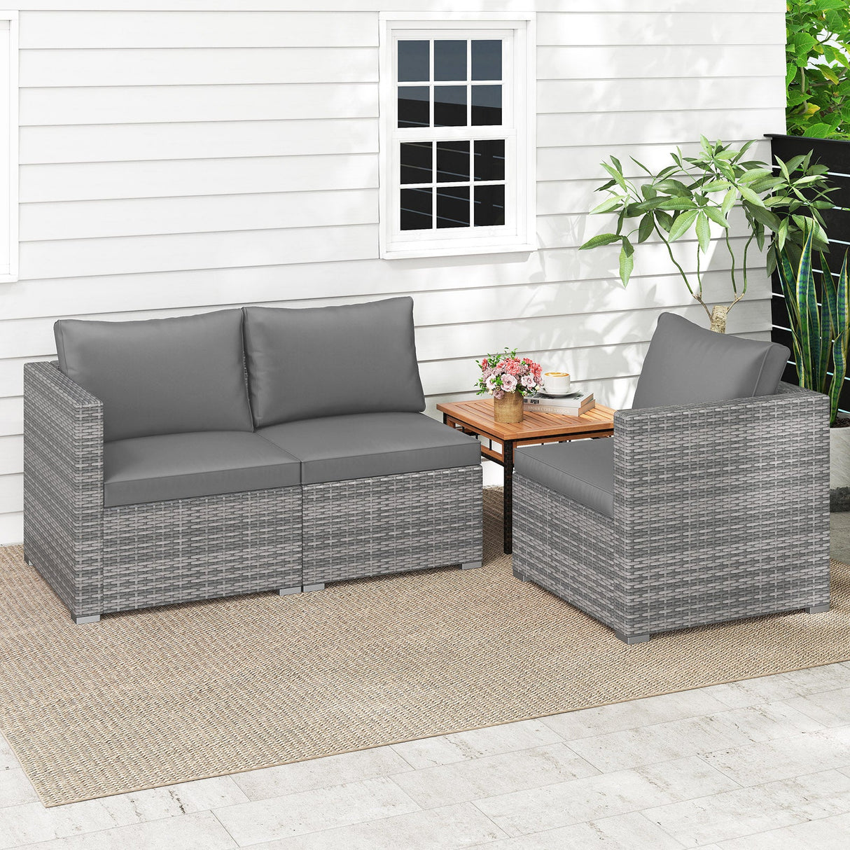 Juego de sofá seccional de patio de 3 piezas, de ratán PE, juego de muebles modulares con cojines suaves