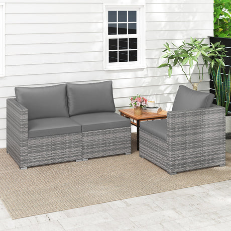 Juego de sofá seccional de patio de 3 piezas, de ratán PE, juego de muebles modulares con cojines suaves