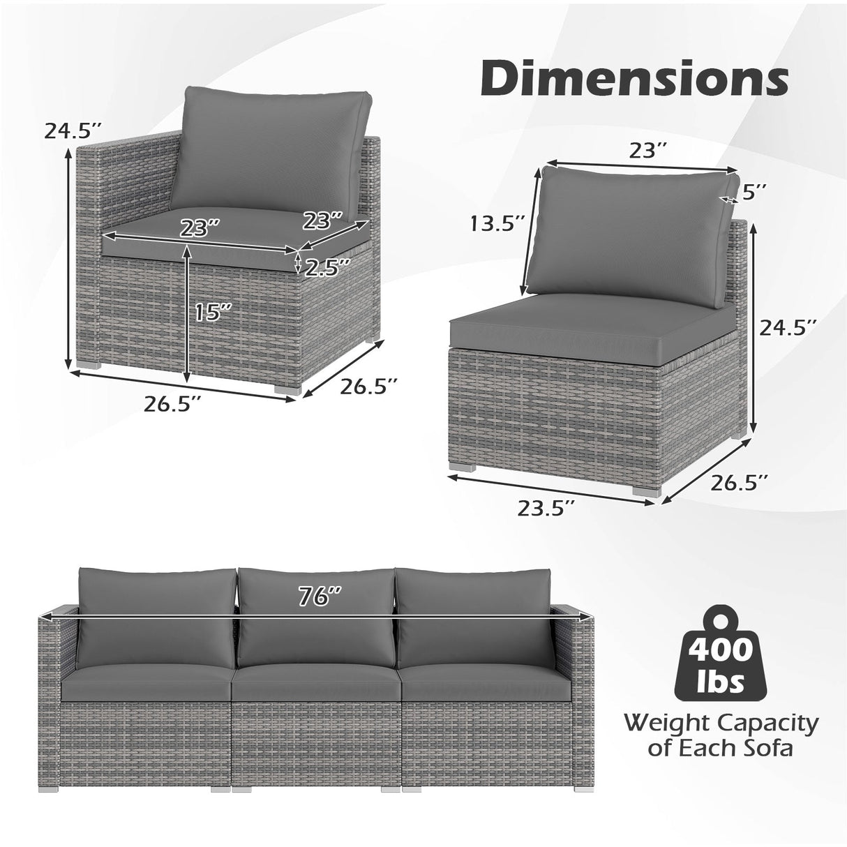 Juego de sofá seccional de patio de 3 piezas, de ratán PE, juego de muebles modulares con cojines suaves