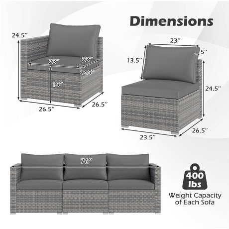 Juego de sofá seccional de patio de 3 piezas, de ratán PE, juego de muebles modulares con cojines suaves