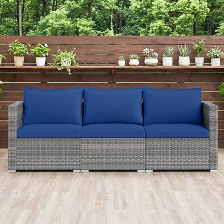 Juego de sofá seccional de patio de 3 piezas, de ratán PE, juego de muebles modulares con cojines suaves