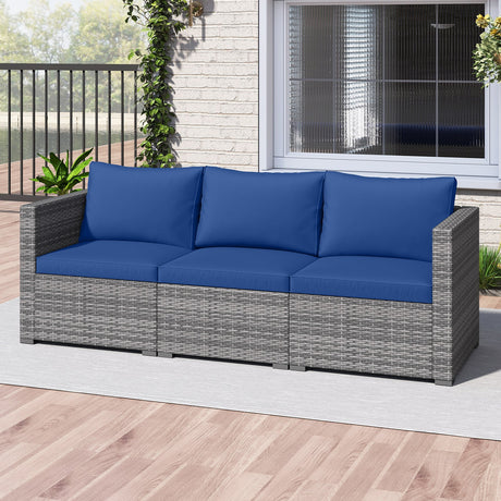 Juego de sofá seccional de patio de 3 piezas, de ratán PE, juego de muebles modulares con cojines suaves