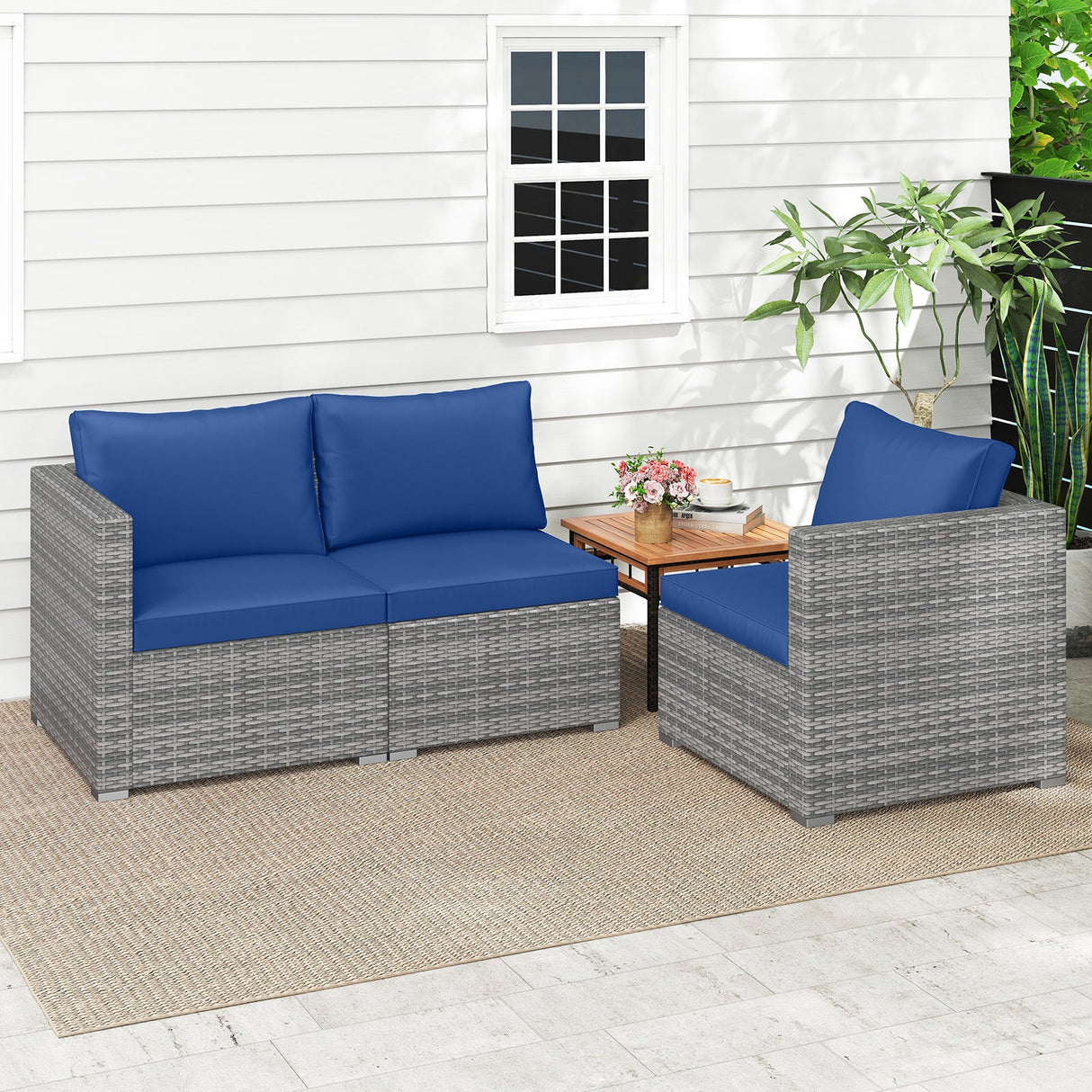 Juego de sofá seccional de patio de 3 piezas, de ratán PE, juego de muebles modulares con cojines suaves