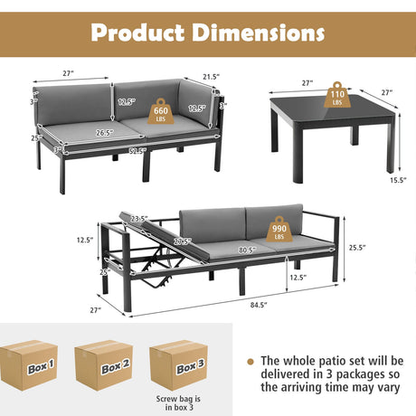 Juego de muebles de patio de aluminio de 3 piezas con respaldo ajustable de 6 niveles - Gris
