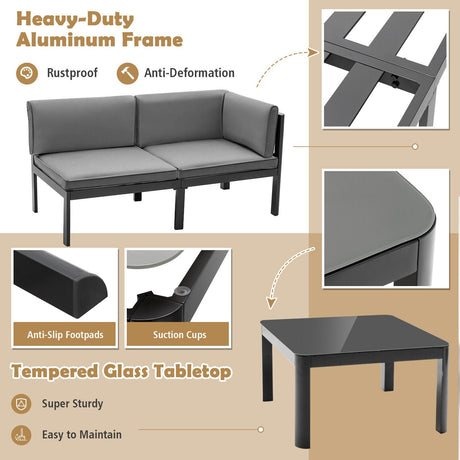 Juego de muebles de patio de aluminio de 3 piezas con respaldo ajustable de 6 niveles - Gris