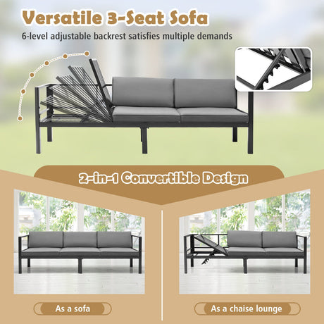 Juego de muebles de patio de aluminio de 3 piezas con respaldo ajustable de 6 niveles - Gris