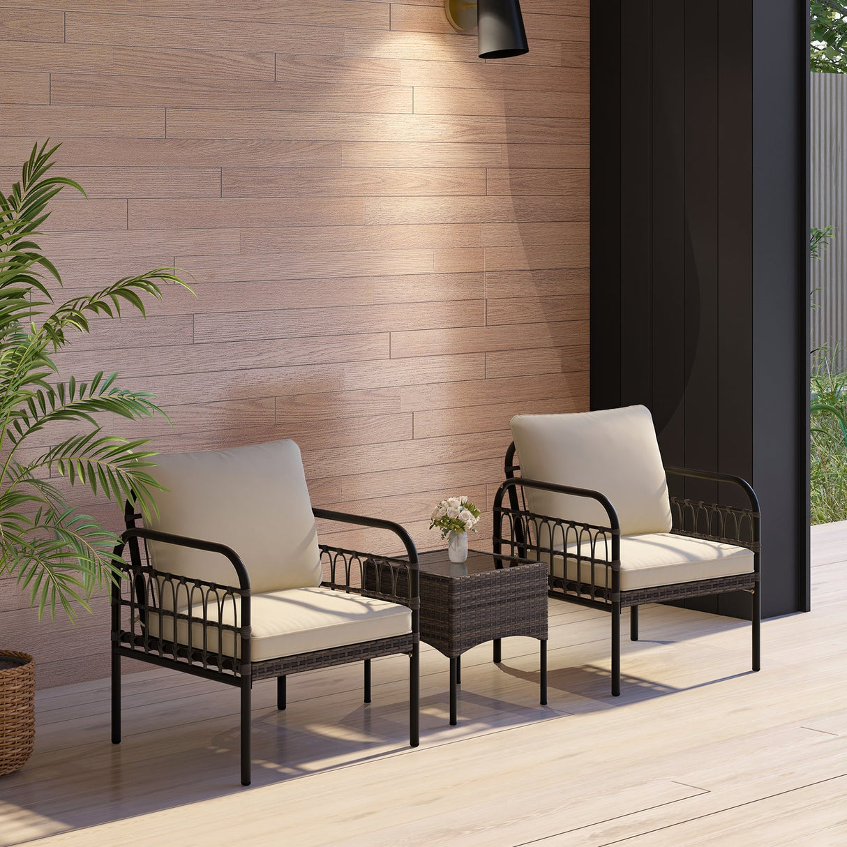 Juego de 3 Piezas de Conversación para Patio de Mimbre con Cojines y Mesa de Centro de Cristal Templado - Beige