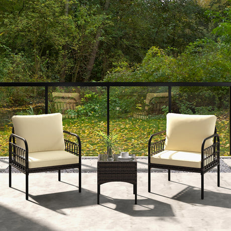 Juego de 3 Piezas de Conversación para Patio de Mimbre con Cojines y Mesa de Centro de Cristal Templado - Beige