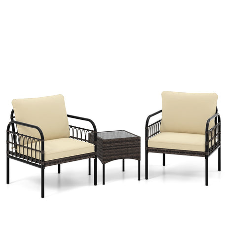 Juego de 3 Piezas de Conversación para Patio de Mimbre con Cojines y Mesa de Centro de Cristal Templado - Beige