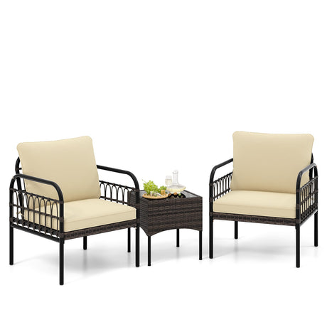 Juego de 3 Piezas de Conversación para Patio de Mimbre con Cojines y Mesa de Centro de Cristal Templado - Beige