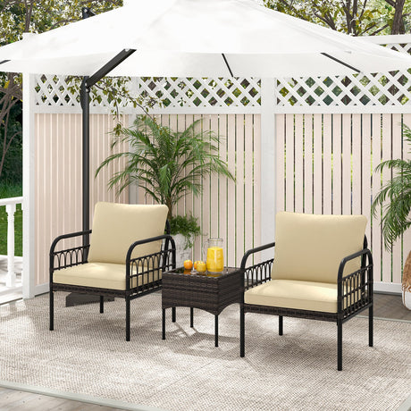 Juego de 3 Piezas de Conversación para Patio de Mimbre con Cojines y Mesa de Centro de Cristal Templado - Beige