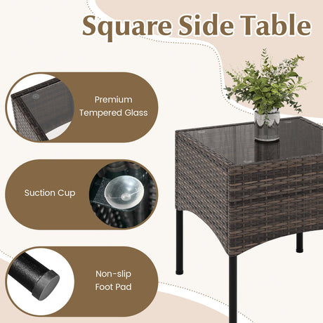 Juego de 3 Piezas de Conversación para Patio de Mimbre con Cojines y Mesa de Centro de Cristal Templado - Beige