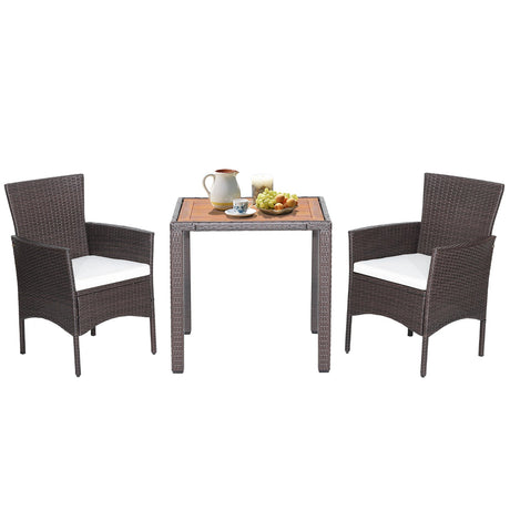 Juego de muebles de patio de 3 piezas de mimbre con mesa de madera de acacia y cojines para sillas