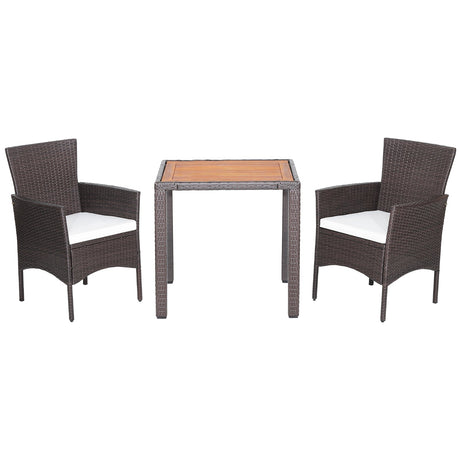 Juego de muebles de patio de 3 piezas de mimbre con mesa de madera de acacia y cojines para sillas
