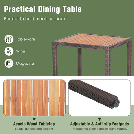 Juego de muebles de patio de 3 piezas de mimbre con mesa de madera de acacia y cojines para sillas