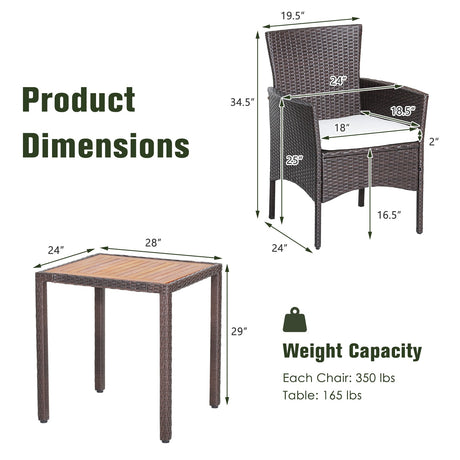 Juego de muebles de patio de 3 piezas de mimbre con mesa de madera de acacia y cojines para sillas