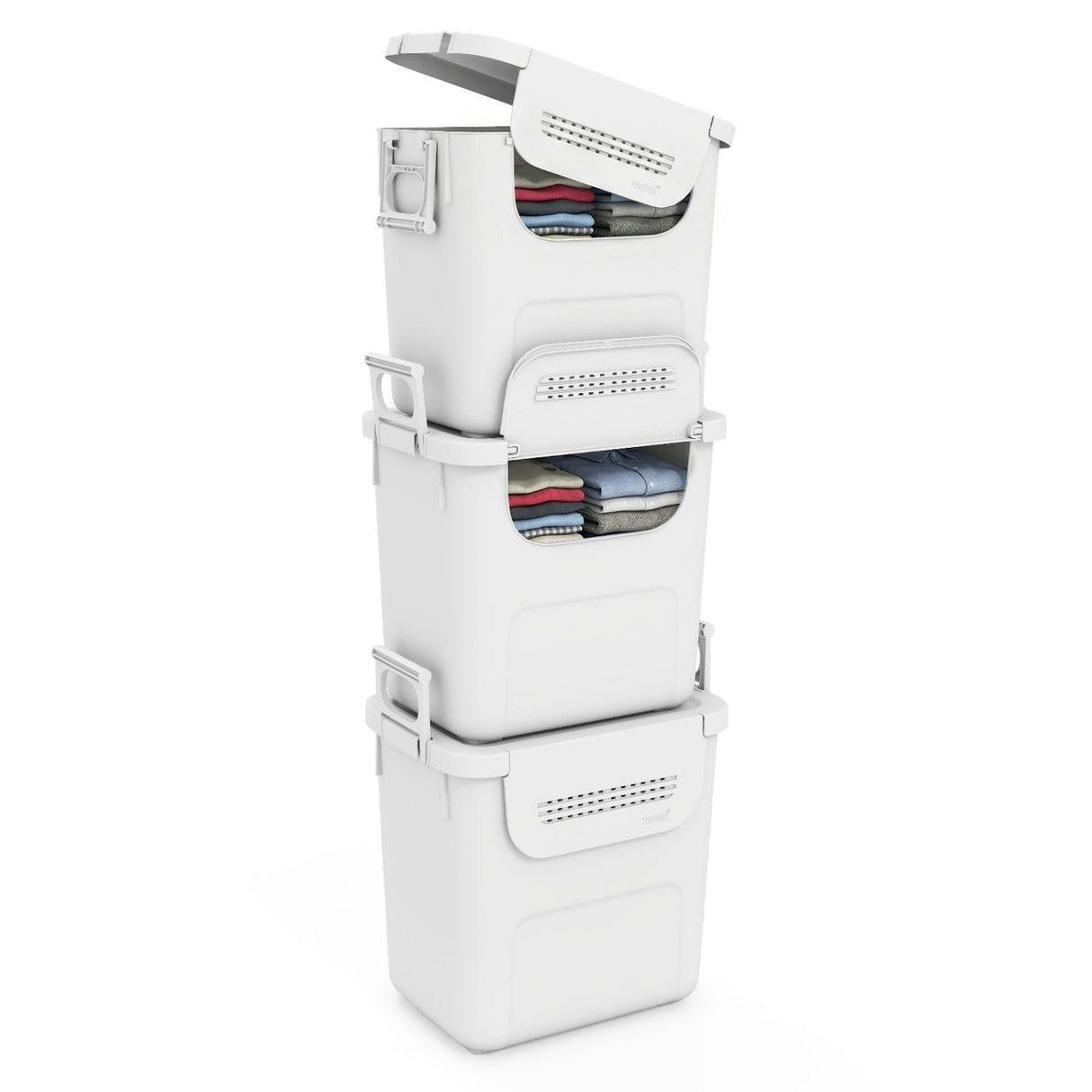 3 Contenedores de almacenamiento de plástico apilables con puerta frontal y asas laterales - Blancos