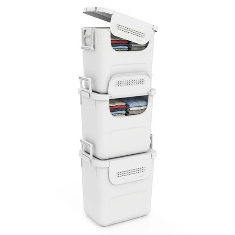 3 Contenedores de almacenamiento de plástico apilables con puerta frontal y asas laterales - Blancos