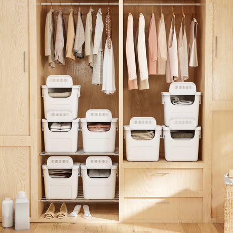 3 Contenedores de almacenamiento de plástico apilables con puerta frontal y asas laterales - Blancos
