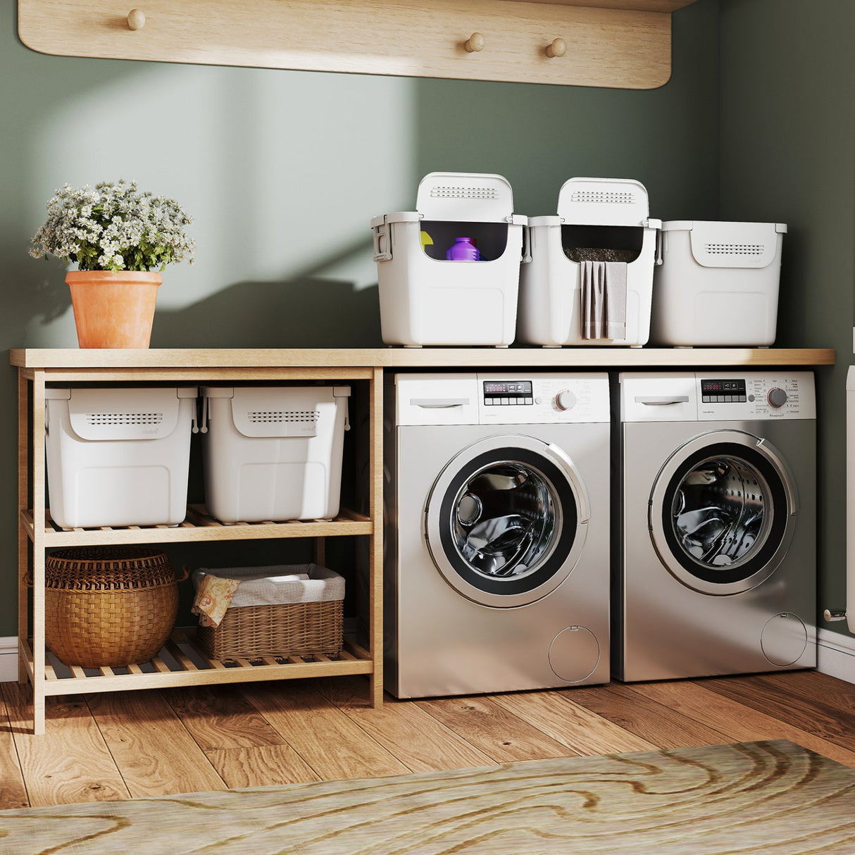 3 Contenedores de almacenamiento de plástico apilables con puerta frontal y asas laterales - Blancos
