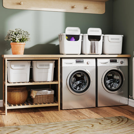 3 Contenedores de almacenamiento de plástico apilables con puerta frontal y asas laterales - Blancos