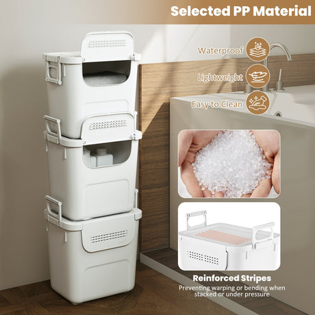 3 Contenedores de almacenamiento de plástico apilables con puerta frontal y asas laterales - Blancos