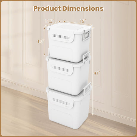3 Contenedores de almacenamiento de plástico apilables con puerta frontal y asas laterales - Blancos