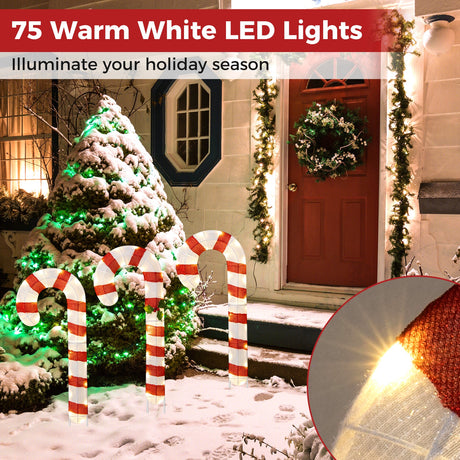 3 Bastones de Caramelo Iluminados con 75 Luces LED y Estacas de Tierra