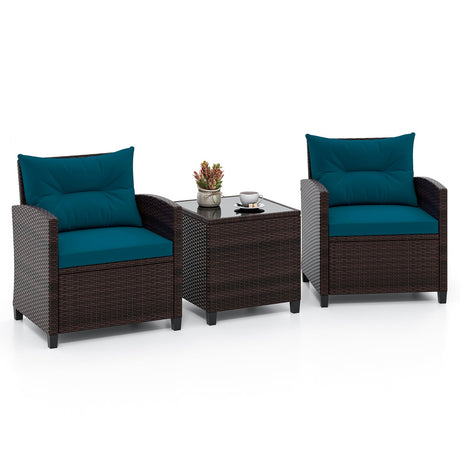 Juego de muebles de patio de ratán de 3 piezas, juego de conversación acolchado, mesa de centro - Beige