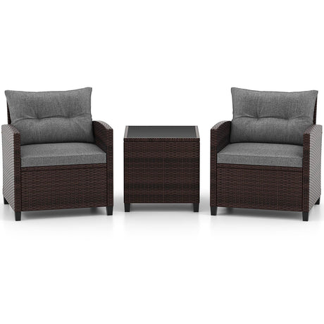Juego de muebles de patio de ratán de 3 piezas, juego de conversación acolchado, mesa de centro - Beige