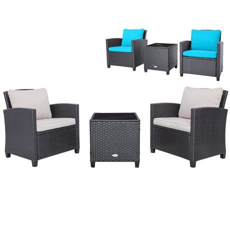 Juego de muebles de patio de ratán de 3 piezas, juego de conversación acolchado, mesa de centro - Beige