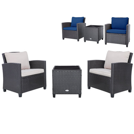 Juego de muebles de patio de ratán de 3 piezas, juego de conversación acolchado, mesa de centro - Beige