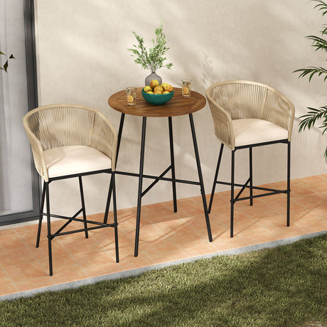 Juego de barra para patio de 3 piezas de cuerda tejida con cojines suaves y tablero de mesa de madera de acacia - Beige
