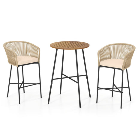 Juego de barra para patio de 3 piezas de cuerda tejida con cojines suaves y tablero de mesa de madera de acacia - Beige