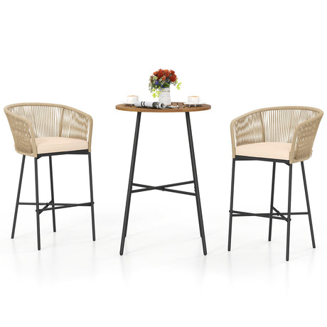 Juego de barra para patio de 3 piezas de cuerda tejida con cojines suaves y tablero de mesa de madera de acacia - Beige