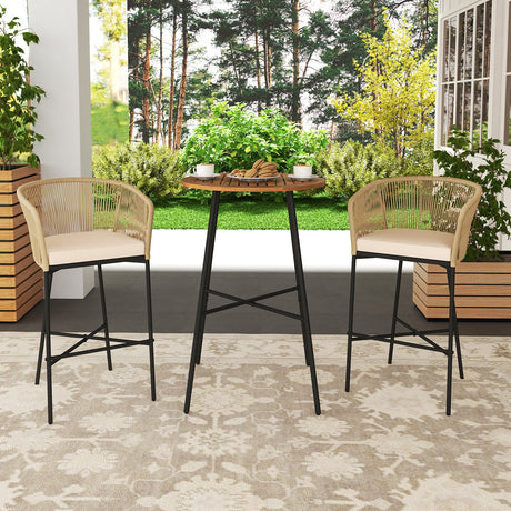 Juego de barra para patio de 3 piezas de cuerda tejida con cojines suaves y tablero de mesa de madera de acacia - Beige
