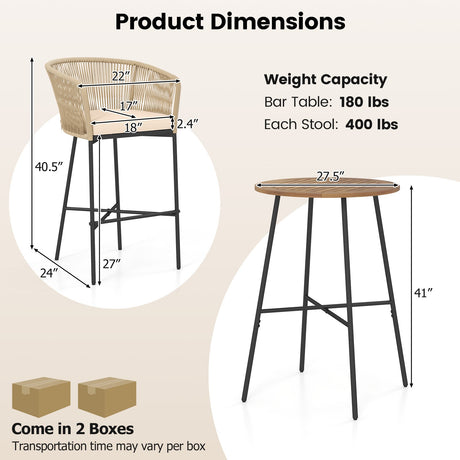 Juego de barra para patio de 3 piezas de cuerda tejida con cojines suaves y tablero de mesa de madera de acacia - Beige
