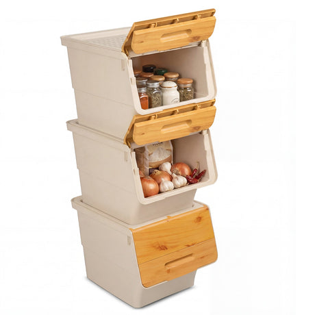 3 Contenedores de almacenamiento con ruedas Cajas de plástico apilables con tapa abatible (P)